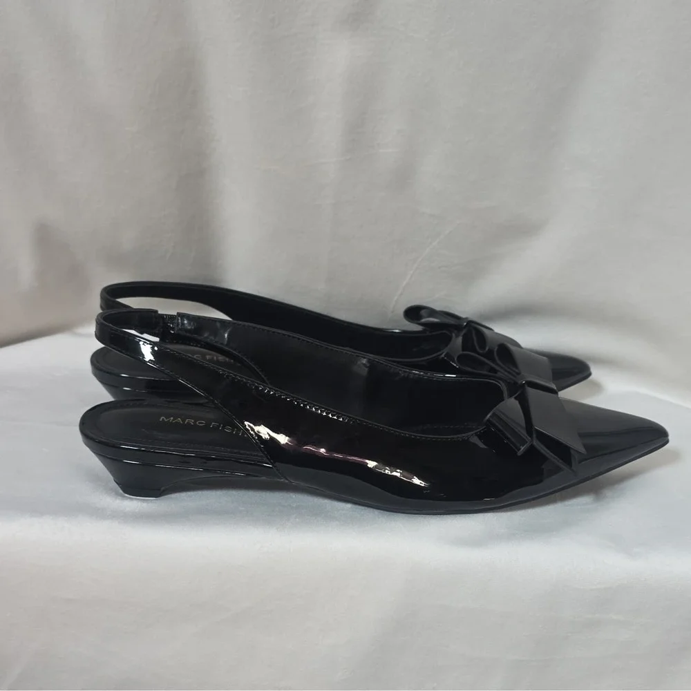 NWOT Marc Fisher Black Patent Leather Bow Pointed Toe Slingback Heels 9M